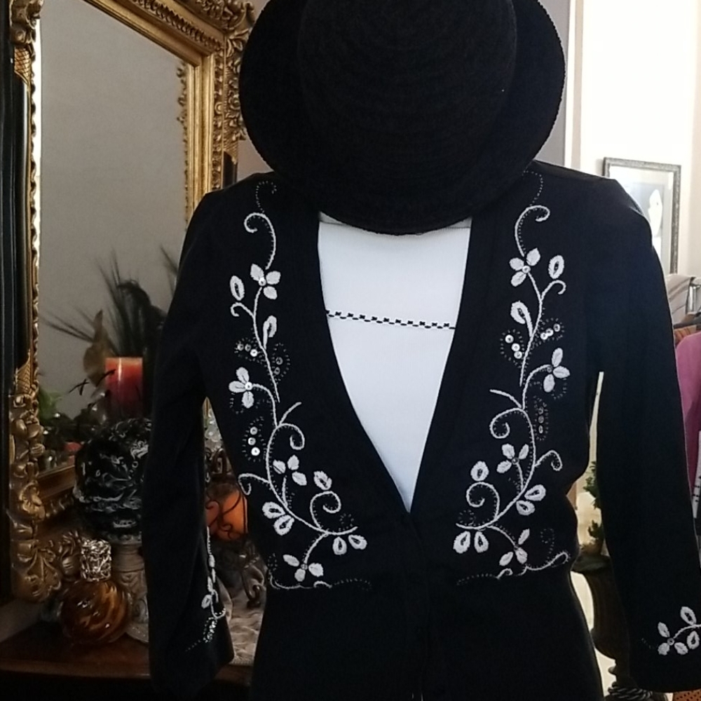 Cache Silk Embroidered and Sequin Sweater